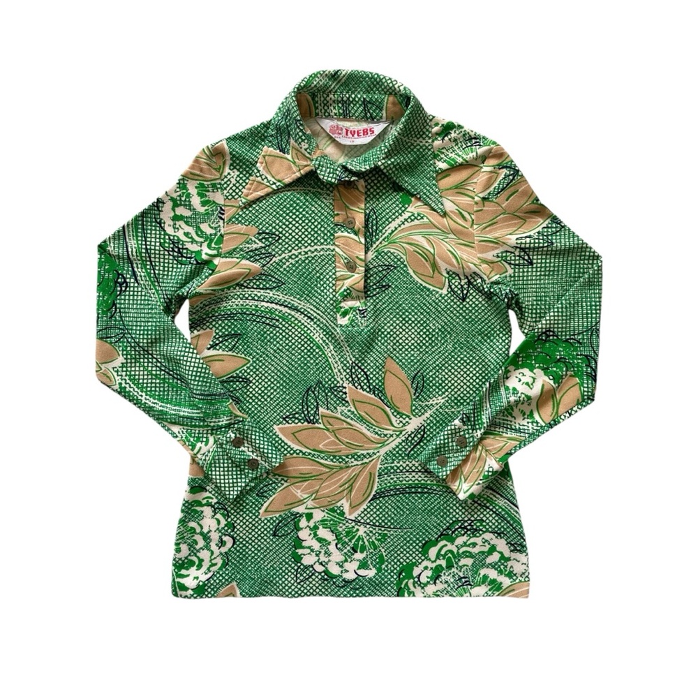VTG 70s Dagger Collar Leaf Patterned Blouse 🍃